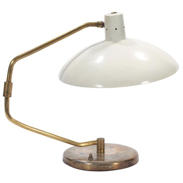 Clay Michie table lamp: Clay Michie table lamp, for Knoll Associates, c. 1950, brass base, white enameled shade, switch on base, arm swivels at base and at center, shade adjusts, original finish, 12"w x 17"d x 15"h, very goo