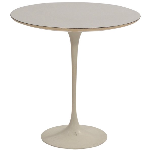 Eero Saarinen Pedestal side table: Eero Saarinen Pedestal side table, by Knoll, round white laminate top on a white metal base, Knoll Associates label, original finish, some discoloration to base, 20"dia x 20.5"h, good original conditi