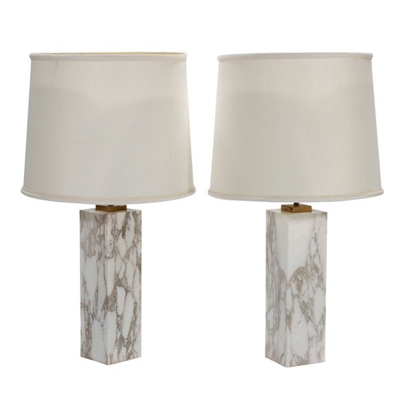 T.H. Robsjohn-Gibbings table lamps: T.H. Robsjohn-Gibbings table lamps, pair, by Hansen, solid Italian Carrara marble bases, original brass pull chains, white enameled diffusers to tops, original finish, as shown: 15.5"dia x 27.5"h, mar
