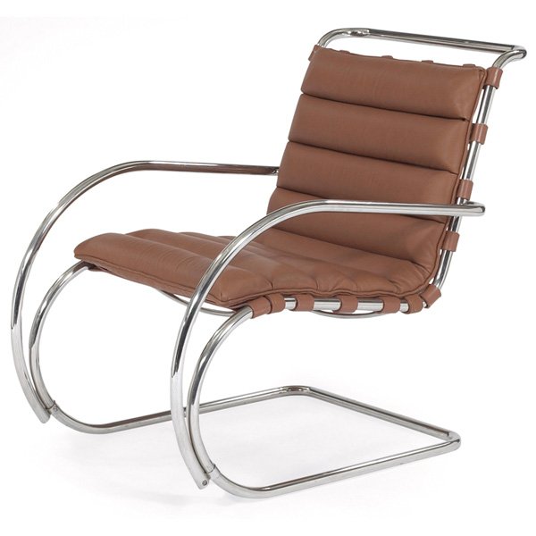 Mies van der Rohe MR arm chair: Mies van der Rohe MR arm chair, by Knoll, original channeled caramel-colored leather cushion, tubular chromed frame, signed with Knoll International label, 25.5"w x 36.5"d x 34"h, excellent original c