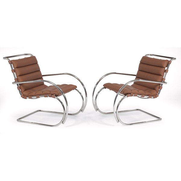 Mies van der Rohe MR arm chairs, pair, by Knoll: Mies van der Rohe MR arm chairs, pair, by Knoll, original channeled caramel-colored leather cushions, tubular chromed frames, each signed with Knoll International label, 25.5"w x 36.5"d x 34"h, excell