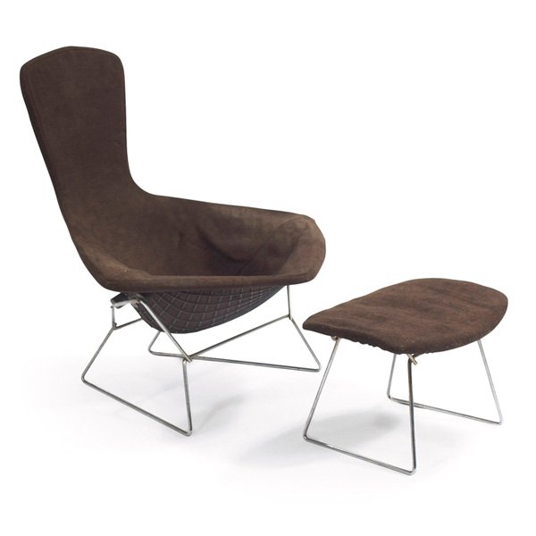 Harry Bertoia Bird chair and ottoman: Harry Bertoia Bird chair and ottoman, by Knoll International, chrome frame, chair with black wire seat, original brown wool upholstery covers, original finish, signed with Knoll International labels, 