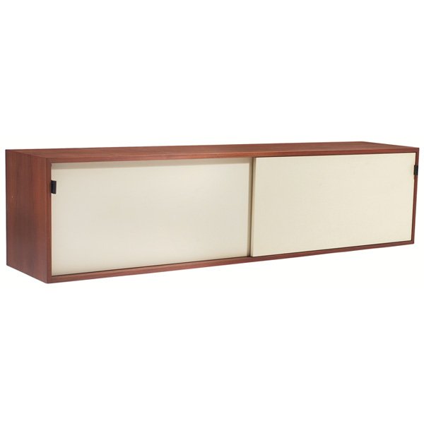 Florence Knoll wall cabinet: Florence Knoll wall cabinet, by Knoll Associates, 1950s, left side contains three shelves, one shelf missing from right side, original white doors with the original black leather pulls, original finis