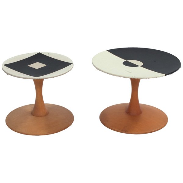 Nanna Ditzel wood stools: Nanna Ditzel wood stools, two, beech, tops have applied contact paper to one side, original finish, large: 16"dia x 11.5"h, small: 12.75"dia x 11"h, fair condition