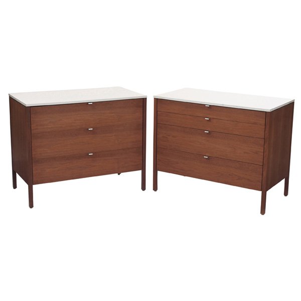 Florence Knoll cabinets: Florence Knoll cabinets, pair, by Knoll, walnut cases with white laminate tops and white masonite backs, one with three drawers and one with four drawers, original chromed steel drawer pulls, original
