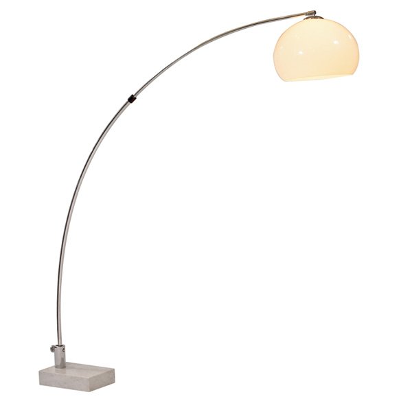 Arc floor lamp: Arc floor lamp, Italy, 1960s, maker unknown, an adjustable tubular chromed arm supports a white plexiglass shade, rectangular marble base, signed, as shown: 79"w x 73"h, very good original condition