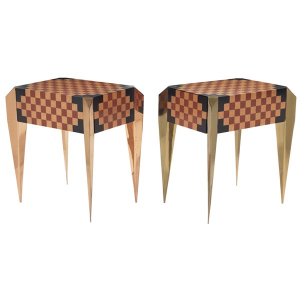 Post Modern end tables: Post Modern end tables, pair, designer unknown, inlaid checkerboard pattern, polished metal legs with cut corners that taper to a point, each with one drawer, unsigned, 24.25"w x 18.5"d x 27"h, slight