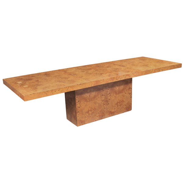 Milo Baughman dining table: Milo Baughman dining table, by Thayer Coggin, mapa burl veneer, rectangular top with bookmatched grain over a platform base, two 18" leaves are stored in the base and accessible by opening the top, or