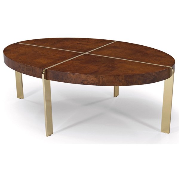Milo Baughman coffee table: Milo Baughman coffee table, by Thayer Coggin, attribution, oval mapa burled wood top pierced by brass legs, original finish, unsigned, 46"w x 32"d x 15.5"h, excellent original condition