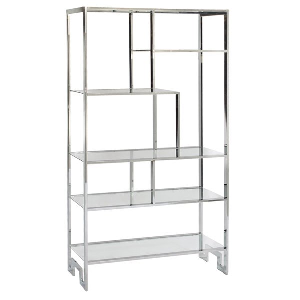 Milo Baughman display unit: Milo Baughman display unit, geometric chromed metal frame with six glass shelves, 42"w x 16"d x 79"h, excellent original condition