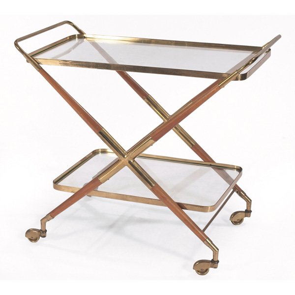 Cesare Lacca bar cart: Cesare Lacca bar cart, brass and walnut, glass tops, on castors, original finish, 29.5"w x 17.5"d x 26"h, very good original condition