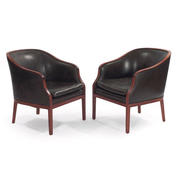 Ward Bennett lounge chairs Brickel Associates: Ward Bennett lounge chairs, pair, by Brickel Associates, barrel-shaped backrests, cherry wood frames, original dark brown leather, original finish, both signed with Ward Bennett/Brickel labels, 26"w x