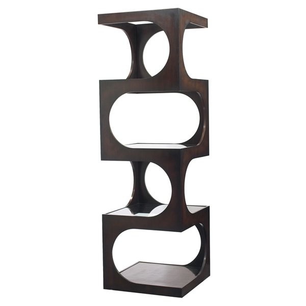 Edward Wormley style etagere: Large Edward Wormley style etagere, dark stained walnut frame, four glass shelves, unusual design utilizes both positive and negative space, may be a custom-made piece, larger than the standard Dunbar