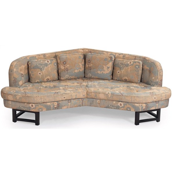 Edward Wormley Angle sofa Dunbar 6392 Jack Lenor Larsen: Edward Wormley Angle sofa, by Dunbar, model 6392, sculptural mahogany base supports a tufted backrest and seat cushion, four down-filled back cushions, covered in the original Jack Lenor Larsen "Campo