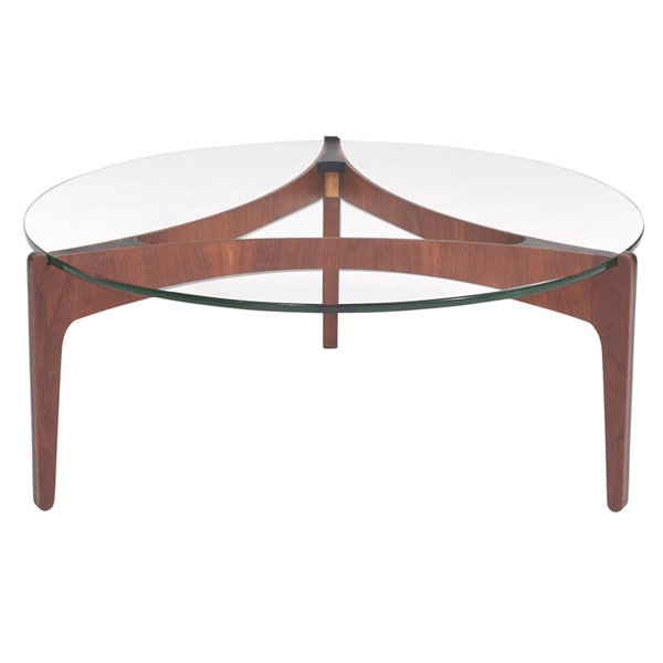 Sven Ellekaer coffee table: Sven Ellekaer coffee table, by Linneberg Mobelfabrik, Denmark, walnut with black inserts, three-leg base supports a glass top, signed with red and white Selig metal tag, 40"dia x 16.25"h, very good or