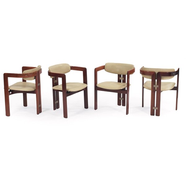 Augusto Savini Pamplona chairs: Augusto Savini Pamplona chairs, four, by Pozzi, rosewood frames, a center back leg is formed by the convergence of the two front legs, polished metal hardware, original off-white leather upholstery, o