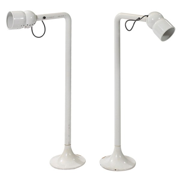 Elio Martinelli floor lamps Martinelli Luce: Elio Martinelli floor lamps, pair, by Martinelli Luce, Italy, swiveling forms with adjustable shades, original finish, each signed with Martinelli Luce label, 9"w x 20"d x 38"h, good original conditio