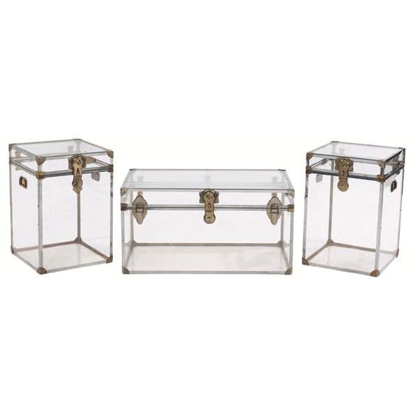 Lucite trunks: Lucite trunks, three, coffee table and two end tables with locking lids, one key unlocks all three, hardware stamped "Made in USA", original finish, large: 32"w x 18"d x 16.5"h, end tables: 15.25" sq 