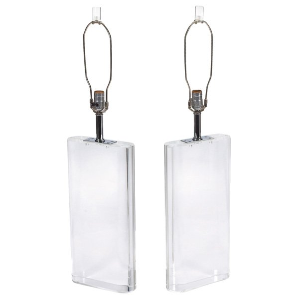 Karl Springer table lamps lucite: Karl Springer table lamps, pair, attribution, heavy solid lucite forms with matching finials, chrome fittings, bases: 9"w x 3"d x 18"h, with harps: 34"h, one scratch has been polished out, very good o