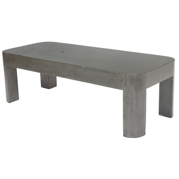 Karl Springer coffee table: Karl Springer coffee table, by Karl Springer, Ltd., wood form covered in metal mesh filled in with a black finish, original finish, 47"w x 20"d x 15"h, losses to legs, good original condition