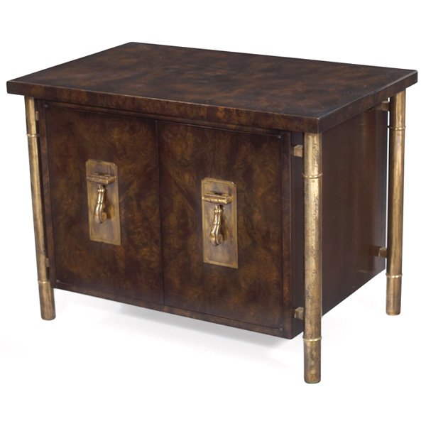 Mastercraft cabinet: Mastercraft cabinet, USA, burled wood case supported by tubular brass legs, two doors with large hinged pulls, one shelf, original finish, 32"w x 20"d x 24.5"h, excellent original condition