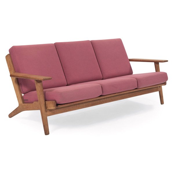 Hans Wegner sofa Getama: Hans Wegner sofa, by Getama, oak frame, original mauve wool cushions, slatted backrest, original finish, signed with "Gedsted Denmark Hans J. Wegner" brand, 71.5"w x 33"d x29"h, very good original con