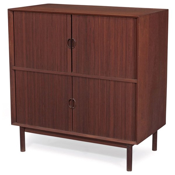 Peter Hvidt & Orla Molgaard-Nielson cabinet: Peter Hvidt & Orla Molgaard-Nielson cabinet, Denmark, teak, two sets of tamboured doors, one shelf, finger joints to top side edges, original finish, 35.5"w x 19"d x 37"h, very good original condition