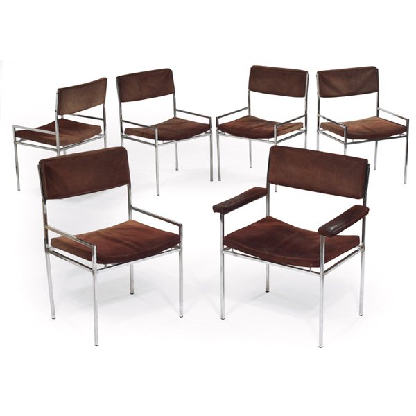 Georg Petersens Mobel-Fabrik dining chairs: Georg Petersens Mobel-Fabrik dining chairs, six, Denmark, chrome frames with the original brown suede upholstery, one armchair and five side chairs, five signed with Georg Petersens labels, armchair: 