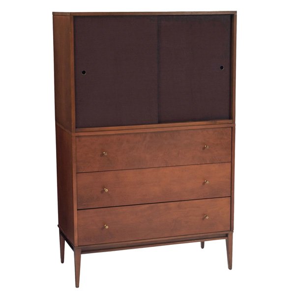Paul McCobb Planner Group cabinet Winchendon: Paul McCobb Planner Group cabinet, two pieces, by Winchendon, maple, lower cabinet with three drawers, removable upper cabinet with two sliding doors and one shelf, original drawer pulls, original fin