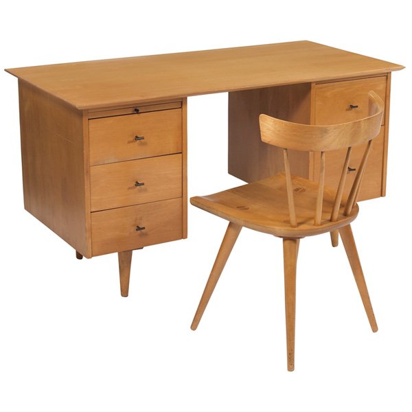Paul McCobb Planner Group desk and chair Winchendon: Paul McCobb Planner Group desk and chair, by Winchendon, maple, rectangular top over tapered legs, five drawers and one pull-out work surface with the original T metal pulls, back is finished, 53"w x