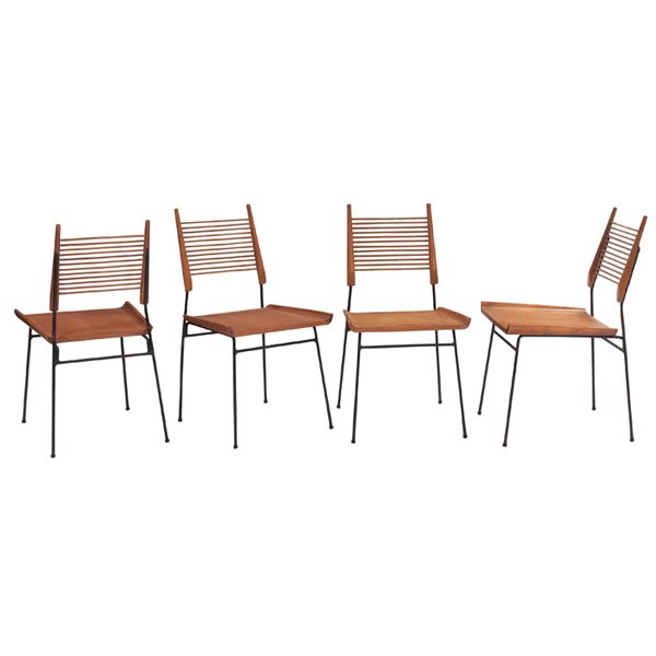 Paul McCobb Planner Group dining chairs: Paul McCobb Planner Group dining chairs, by Winchendon, four, solid maple seats with raised lip to sides, black wrought-iron frames with dowels to backrests, three signed with Planner Group label, som
