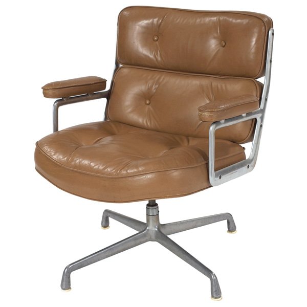 Charles and Ray Eames Time-Life chair Herman Miller: Charles and Ray Eames Time-Life chair, by Herman Miller, 1960s, original tufted tan leather seat, back and padded armrests in a polished aluminum frame over four-point tilt and swivel base, signed, 29
