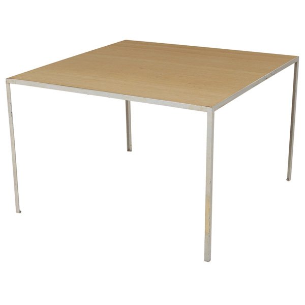 George Nelson Steelframe coffee table Herman Miller: George Nelson Steelframe coffee table, by Herman Miller, white enameled metal frame supports a top surface of grasscloth covered in translucent plastic, all glides intact, original finish, 34"w x 34"d