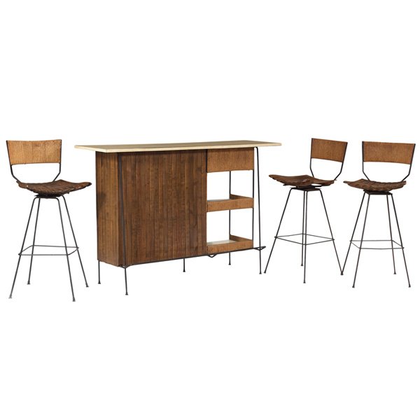 Arthur Umanoff bar and three stools: Arthur Umanoff bar and three stools, slatted wood and paper cord, wrought iron bases, bar with formica top, original finish, bar: 60"w x 18"d x 40"h, stools: 18"wx 16"d x 41"h, very good original cond