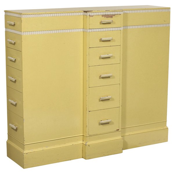 Kittinger Chest of Drawers: Kittinger Chest of Drawers, 1940s, unusual form with 18 drawers, original yellow finish and white drawer pulls, 55"w x 16"d x 46"h, some wear and flaking, fair condition