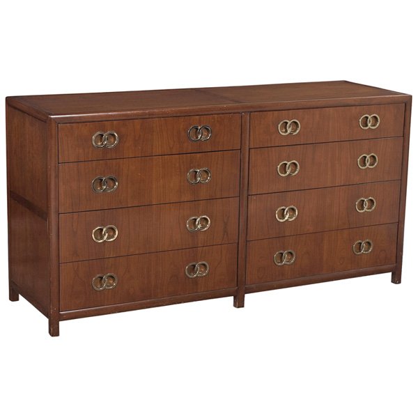 Michael Taylor cabinet Baker: Michael Taylor cabinet, by Baker, cherry, eight drawers with interlocking ring pulls, back is finished, original finish, signed with Baker metal tag, 62"w x 19"d x 32"h, very good original condition