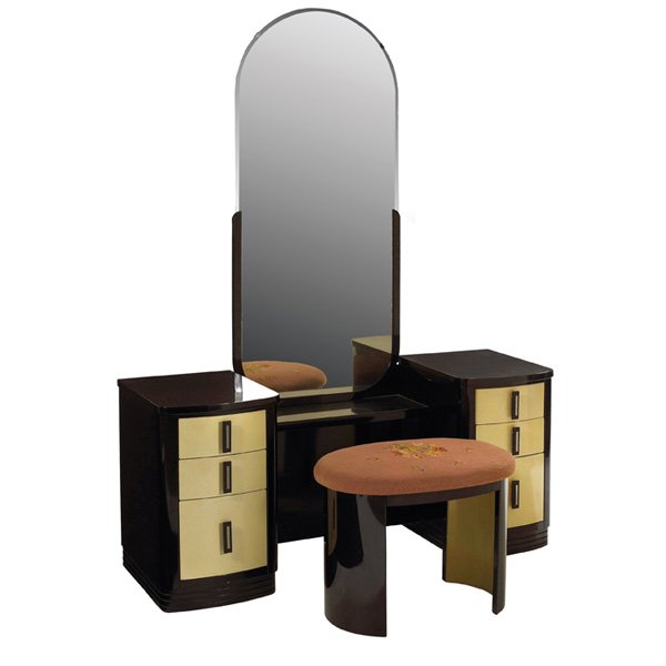 Norman Bel Geddes vanity and stool Simmons: Norman Bel Geddes vanity and stool, by Simmons, metal structure with the original black and cream finish, original attached mirror, seat is reupholstered, 50.5"w x 17.5"d x 67.75"h, stool: 22.5"w x 15