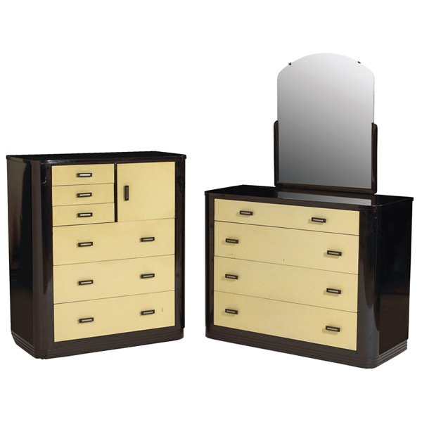 Norman Bel Geddes bedroom set Simmons: Norman Bel Geddes bedroom set, by Simmons, metal structures with the original black and cream finish, cabinet and dresser with original attached mirror, cabinet at left with one door and six drawers: 