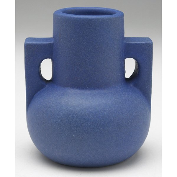 Teco vase W.D. Gates: Unusual Teco vase, #442, designed by W.D. Gates, double handled shape covered in a good blue matte glaze, unmarked, 3"w x 3.5"h