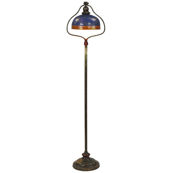 Steuben Aurene shade Hearts & Vines: Exceptional Steuben Aurene glass shade, 'Hearts & Vines' pattern, gold iridescence on a blue reserve, gold band to base, unsigned, 10"dia x 5.5"h; together with a Handel style floor lamp, 'harp' form,