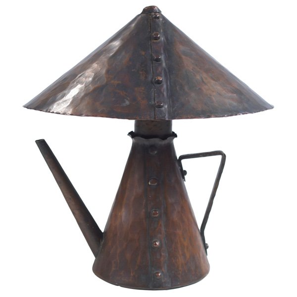 Arts & Crafts lamp copper coffee pot base: Arts & Crafts lamp, in copper, with a conical shade above a coffee pot form base, good original patina, 8"dia x 9"h