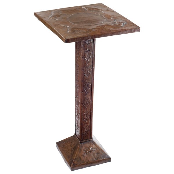 Arts & Crafts copper plant stand: Arts & Crafts copper plant stand, repousse decoration, square top with lion, bison, bulldog and recumbent hound at corners, conforming standard with morning glories, flared base with swallows and hamm