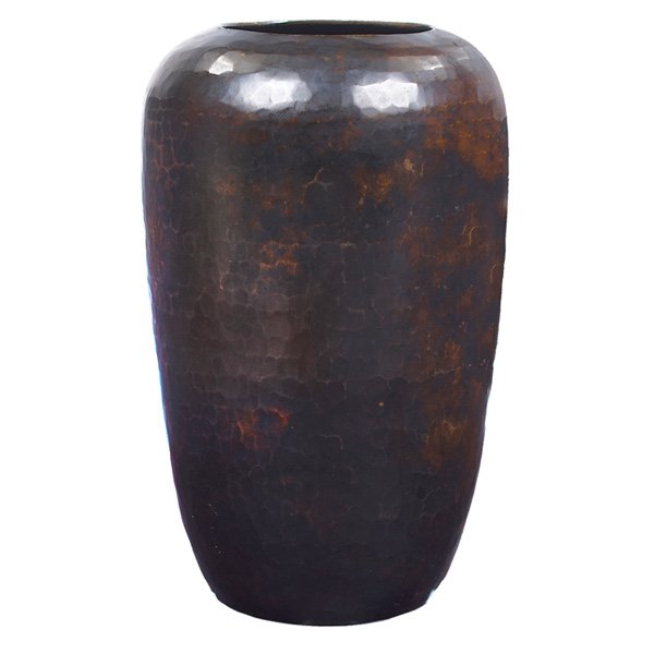 Dirk van Erp hammered brass vase: Good Dirk van Erp hammered vase, ovoid form in hammered brass, original dark patina, open box mark, 4"dia x 6.5"h