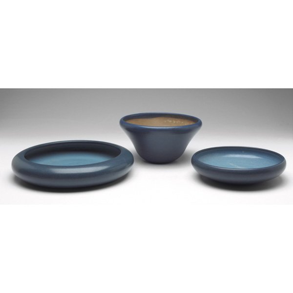 Marblehead pottery vase bowl: Marblehead pottery, lot consists of a vase and two bowls, all covered in a blue matte glaze, all marked, largest is: 10"w x 2"h