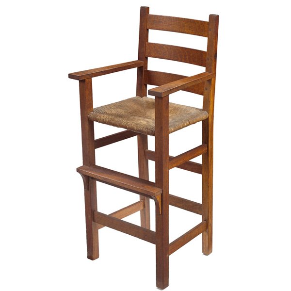 Gustav Stickley highchair: Gustav Stickley highchair, #388, ladder-back form with exceptional original rush seat, tray missing, original finish, signed with red decal, 17"w x 15"d x 37.5"h, very good condition