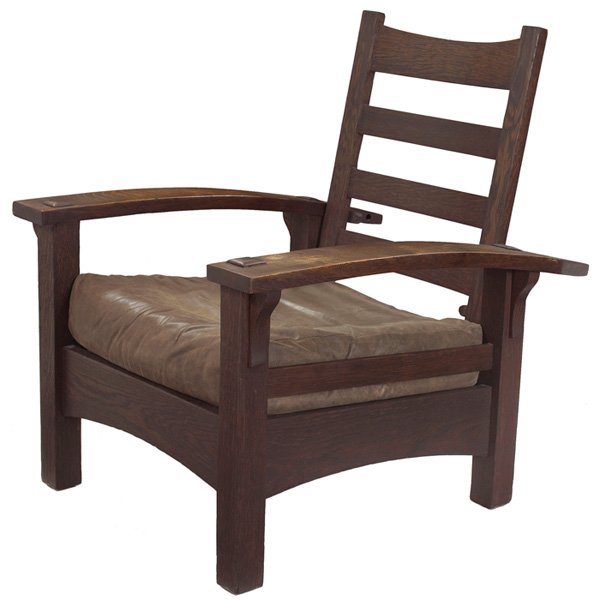 Gustav Stickley Morris chair: Early Gustav Stickley Morris chair, #2340, bow-arm form with adjustable back, signed with red box mark, replaced rope foundation and leather cushions, refinished, 31.5"w x 37"d x 38"h, very good condi