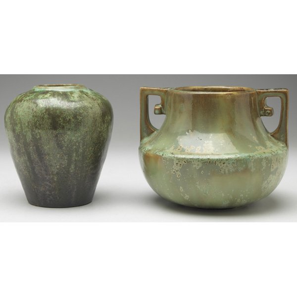 Art Pottery vase Fulper vase: Art Pottery vase, incised initials, 4.5"w x 5"h; with a Fulper vase, double handled form, marked, 6"w x 4.5"h, both covered in a multi-toned green crystalline glaze