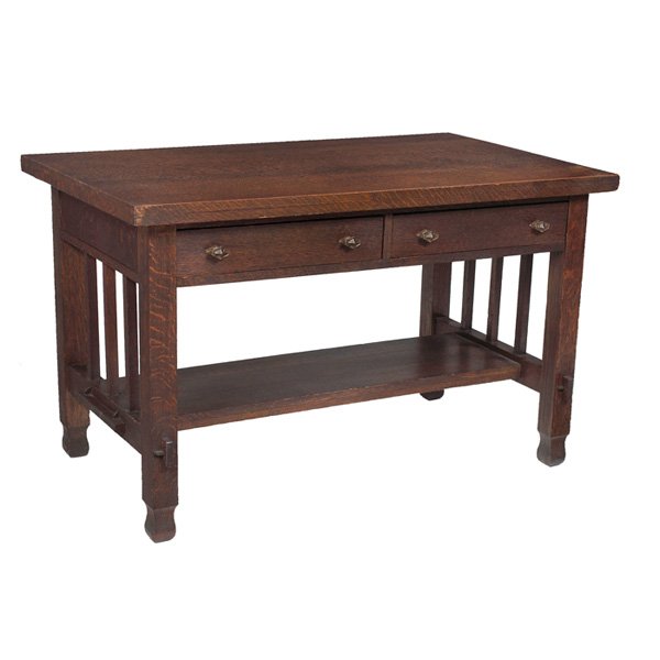 Arts & Crafts library table: Arts & Crafts library table, rectangular top over two drawers, slatted sides and thru-tenon construction, lower medial shelf, raised on a Mackmurdo foot, 48"w x 28"d x 29"h, very good condition