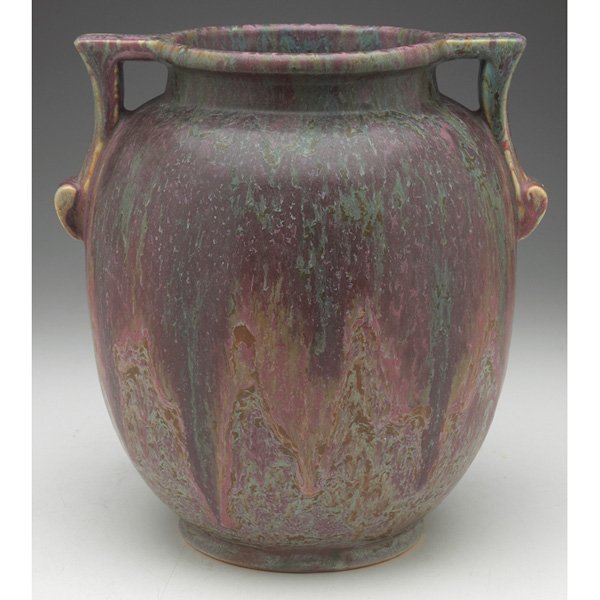 Roseville Carnelian vase: Roseville Carnelian vase, large form with two handles, pink, marked, 9"w x 9.5"h