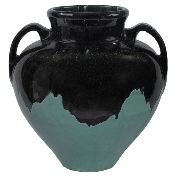 Zanesville floor vase: Zanesville floor vase, #190, double handled baluster form, overflow glaze design in black to robin's egg blue, 16"w x 16"h